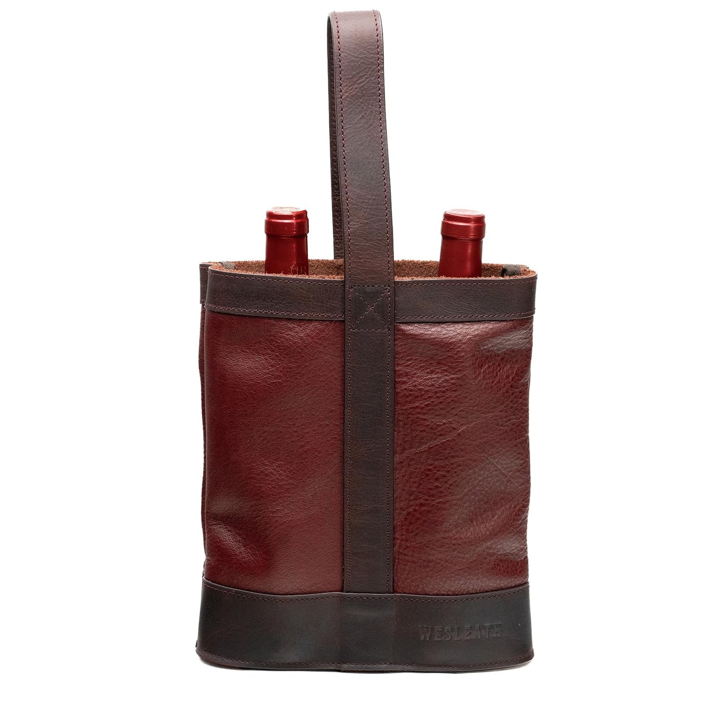 WESLEATH Double Wine Carrier Bag – Leather Wine Tote for Two Bottles with Handles & Metal Buckle – Protective Carrier for Picnic, Wine Champagne Gift Bag (Merlot)