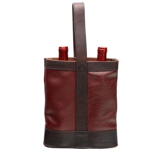 WESLEATH Double Wine Carrier Bag – Leather Wine Tote for Two Bottles with Handles & Metal Buckle – Protective Carrier for Picnic, Wine Champagne Gift Bag (Merlot)