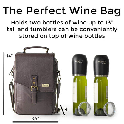 tilvini Insulated Leather Wine Bag & 2 Wine Tumblers Set. Leather Wine Bottle Carrier Tote. Wine Gifts For Men. Picnic Bag, Beach Wine Cooler Bag. Airplane Travel Byo Wine Carrier Case Couples Gift