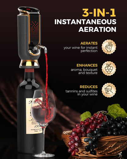Newise Luxurious 3-in-1 Electric Wine Aerator, Decanter, Dispenser & Vacuum Pump. Touch Screen LED Display - Wine Preservation System with Temp Monitor, Gift for Wine Lovers Women Men (Black)