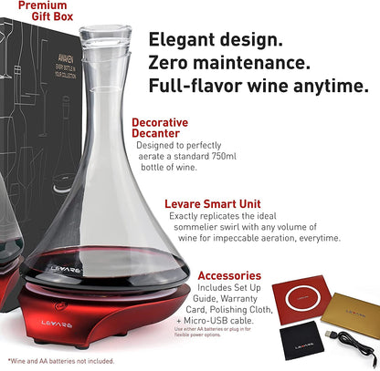 Levare Wine Decanter with Aerator - Durable Crystal Clear Decanter Glass with Stopper & Rotating Electric Wine Aerator System - Ideal Gift for Connoisseurs & Enthusiasts - USB Charging - Holiday Red