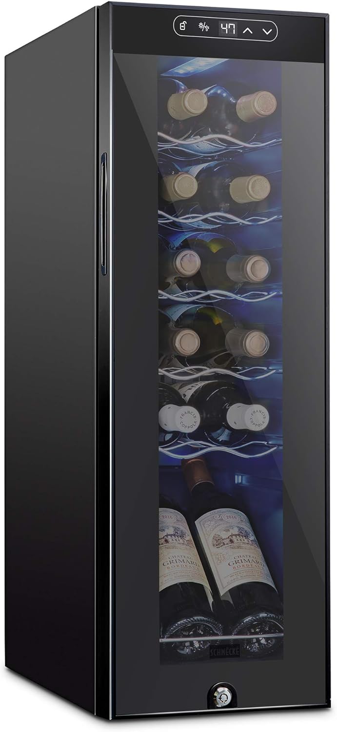 Schmecke Black 12 Bottle Compressor Freestanding Wine Refrigerator with Door Lock