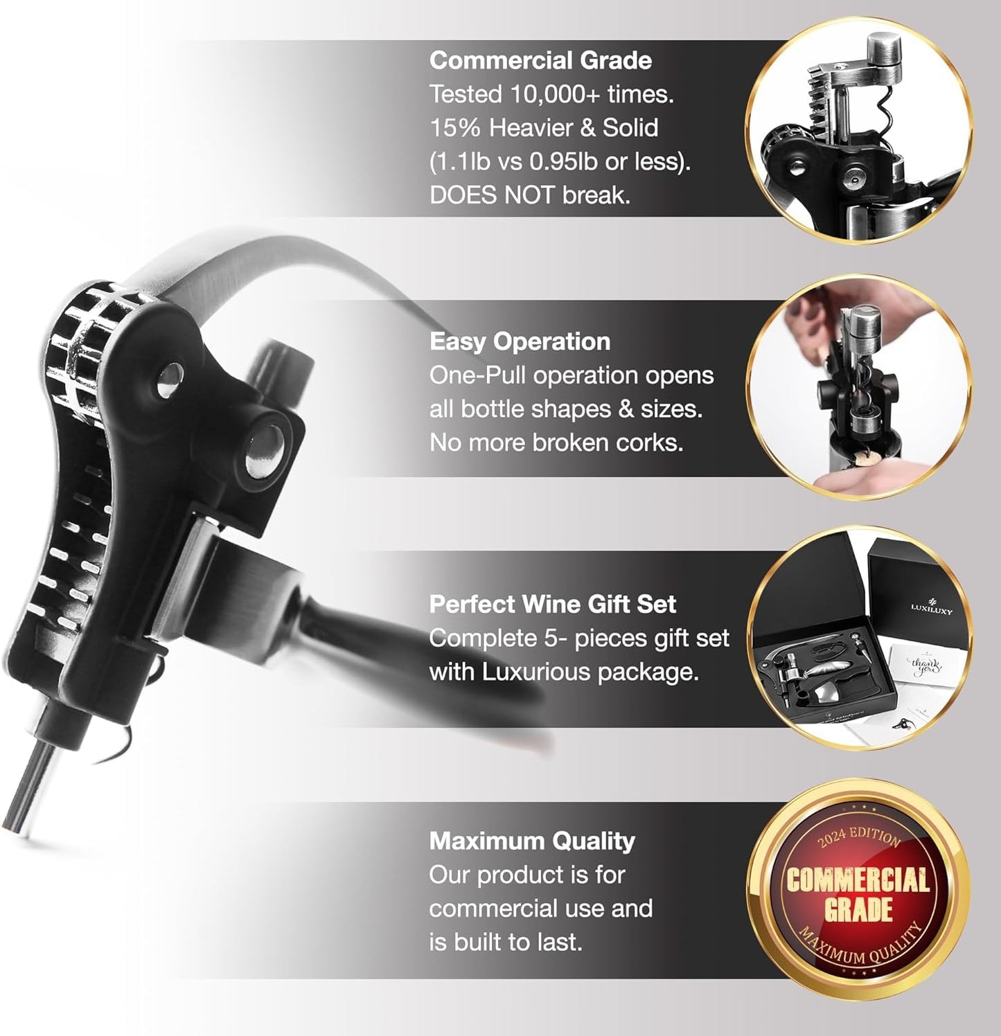 Wine Bottle Opener Corkscrew Set – Luxiluxy [2024 upgraded, does NOT break!] Including Foil Cutter, Bottle Stopper, Opener Stand and Extra Spiral - corkscrews wine opener set- wine opener kit