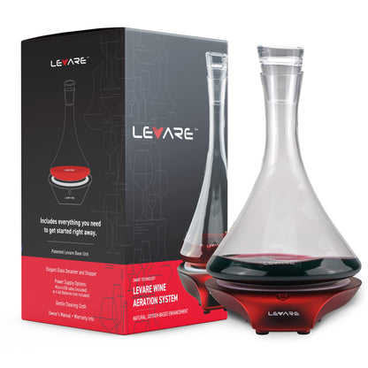 Levare Wine Decanter with Aerator - Durable Crystal Clear Decanter Glass with Stopper & Rotating Electric Wine Aerator System - Ideal Gift for Connoisseurs & Enthusiasts - USB Charging - Holiday Red