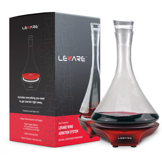 Levare Wine Decanter with Aerator - Durable Crystal Clear Decanter Glass with Stopper & Rotating Electric Wine Aerator System - Ideal Gift for Connoisseurs & Enthusiasts - USB Charging - Holiday Red