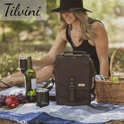 tilvini Insulated Leather Wine Bag & 2 Wine Tumblers Set. Leather Wine Bottle Carrier Tote. Wine Gifts For Men. Picnic Bag, Beach Wine Cooler Bag. Airplane Travel Byo Wine Carrier Case Couples Gift