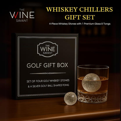 Golf Ball Whiskey Coolers - Pack of 5 - Men's Gift Set; Golfer's Whiskey Chill Stones, Reusable Cooling Balls; Includes 4 Chilling Stones - Ideal Golf-Themed Gift for Men + Metallic Tongs & Gift Box