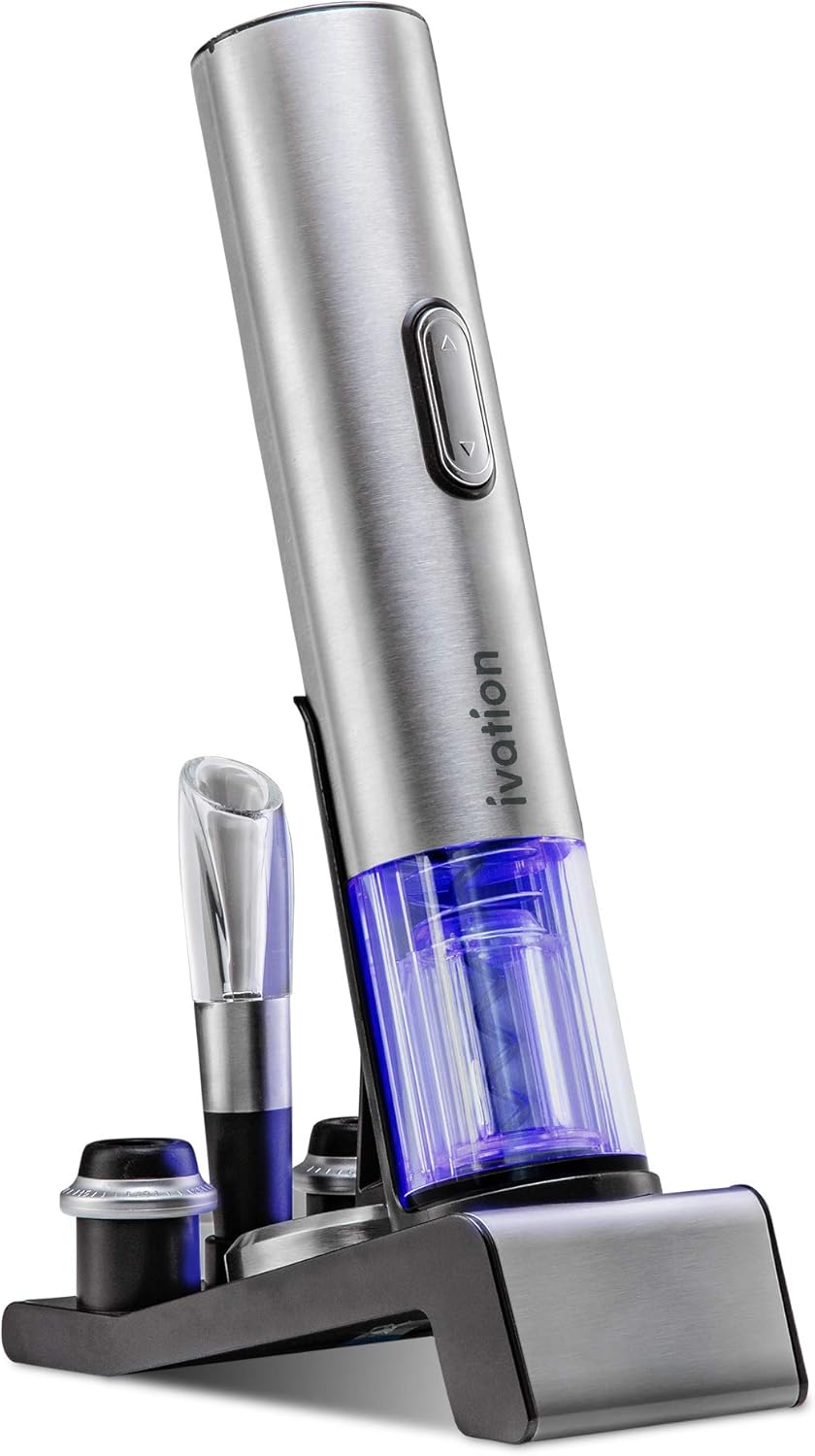 Ivation 6- Piece Electric Wine  Opener Gift Set – Stainless Steel Electric Opener, Vacuum Preserver, 2 Cork Stoppers, Foil Cutter & Charging Base