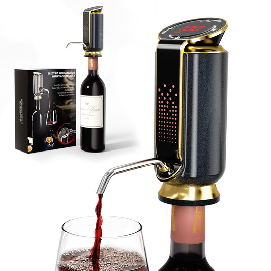 Newise Luxurious 3-in-1 Electric Wine Aerator, Decanter, Dispenser & Vacuum Pump. Touch Screen LED Display - Wine Preservation System with Temp Monitor, Gift for Wine Lovers Women Men (Black)