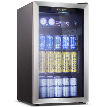 Antarctic Star Beverage Refrigerator -125 Can Mini Fridge for Soda Beer or Wine, Stainless steel door frame, for Office or Bar with Adjustable Removable Shelves, Black, 3.3 Cu.Ft