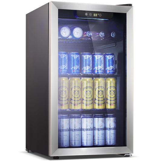 Antarctic Star Beverage Refrigerator -125 Can Mini Fridge for Soda Beer or Wine, Stainless steel door frame, for Office or Bar with Adjustable Removable Shelves, Black, 3.3 Cu.Ft