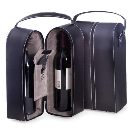 Bey-Berk Black Leather Wine Bottle Carrier – Travel Tote Bag with Tool Set, Leak-Proof & Secure Storage