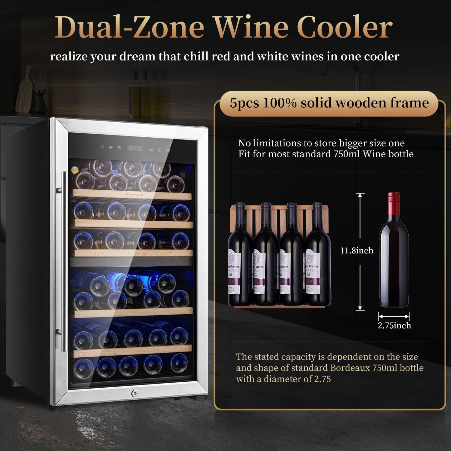 FOVOMI Wine Fridge,52-bottle Wine Cooler Refrigerators Freestanding Wine Refrigerator,(Bordeaux 750ml) Dual Zone Compressor Wine Chiller