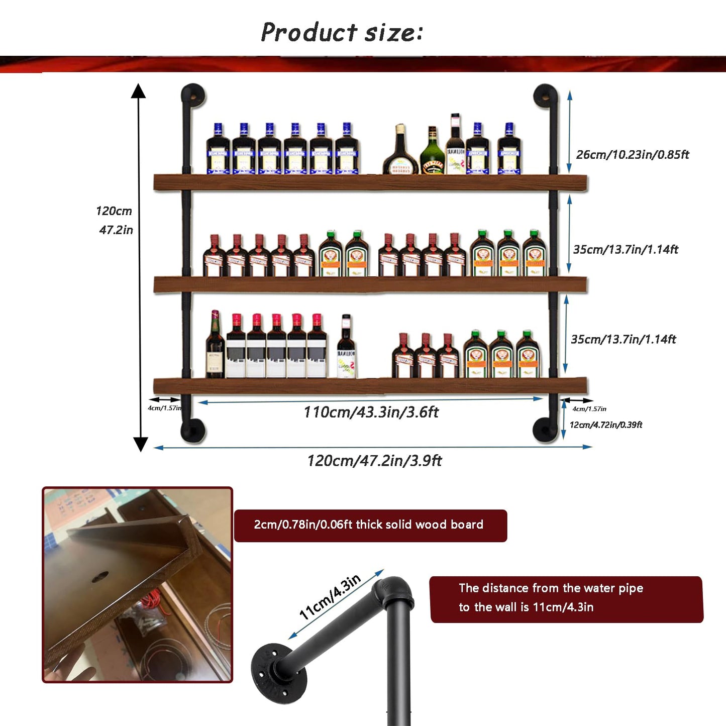 Dawselod Large Wine Rack with LED Light Solid Wood Wall Mounted Wine Rack, 3-Tiers Liquor Bottles Floating Shelves Display Storage Organizer for Home Bar & Dining Room (120cm/47.2in)