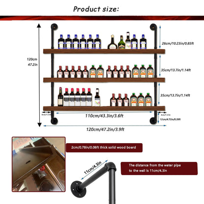 Dawselod Large Wine Rack with LED Light Solid Wood Wall Mounted Wine Rack, 3-Tiers Liquor Bottles Floating Shelves Display Storage Organizer for Home Bar & Dining Room (120cm/47.2in)
