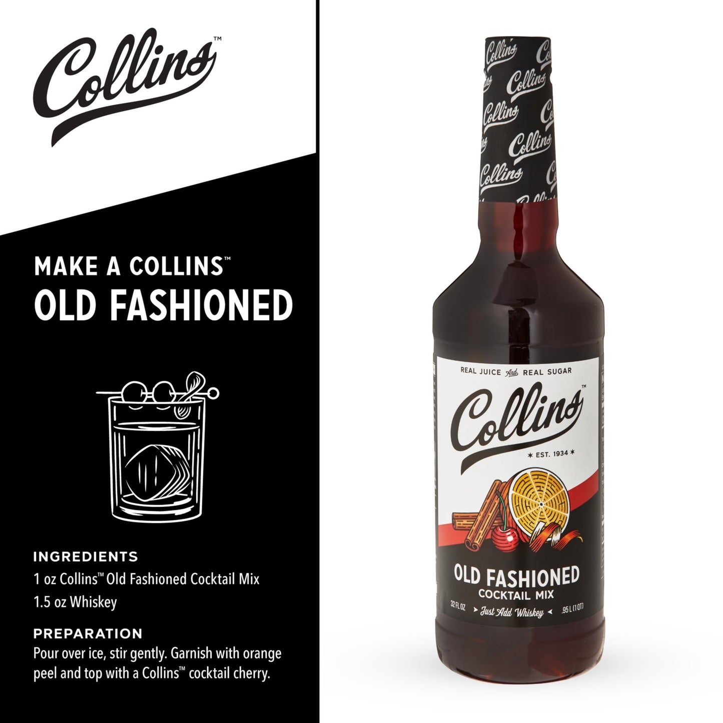 Collins Old Fashioned Kit, Whiskey Cocktail Mix, Orange Garnish, Bourbon Cherries, Drink Picks, Home Bar Accessories, Home Bar Kit, bartender Mixer, Drinking Gifts, Mixology Cocktail kit, Set of 4