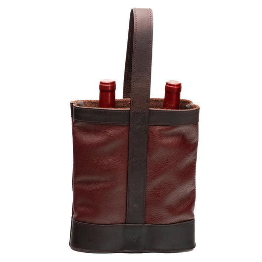 WESLEATH Double Wine Carrier Bag – Leather Wine Tote for Two Bottles with Handles & Metal Buckle – Protective Carrier for Picnic, Wine Champagne Gift Bag (Merlot)