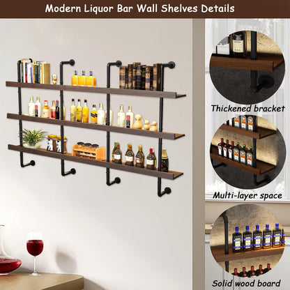 Dawselod Large Wine Rack with LED Light Solid Wood Wall Mounted Wine Rack, 3-Tiers Liquor Bottles Floating Shelves Display Storage Organizer for Home Bar & Dining Room (120cm/47.2in)