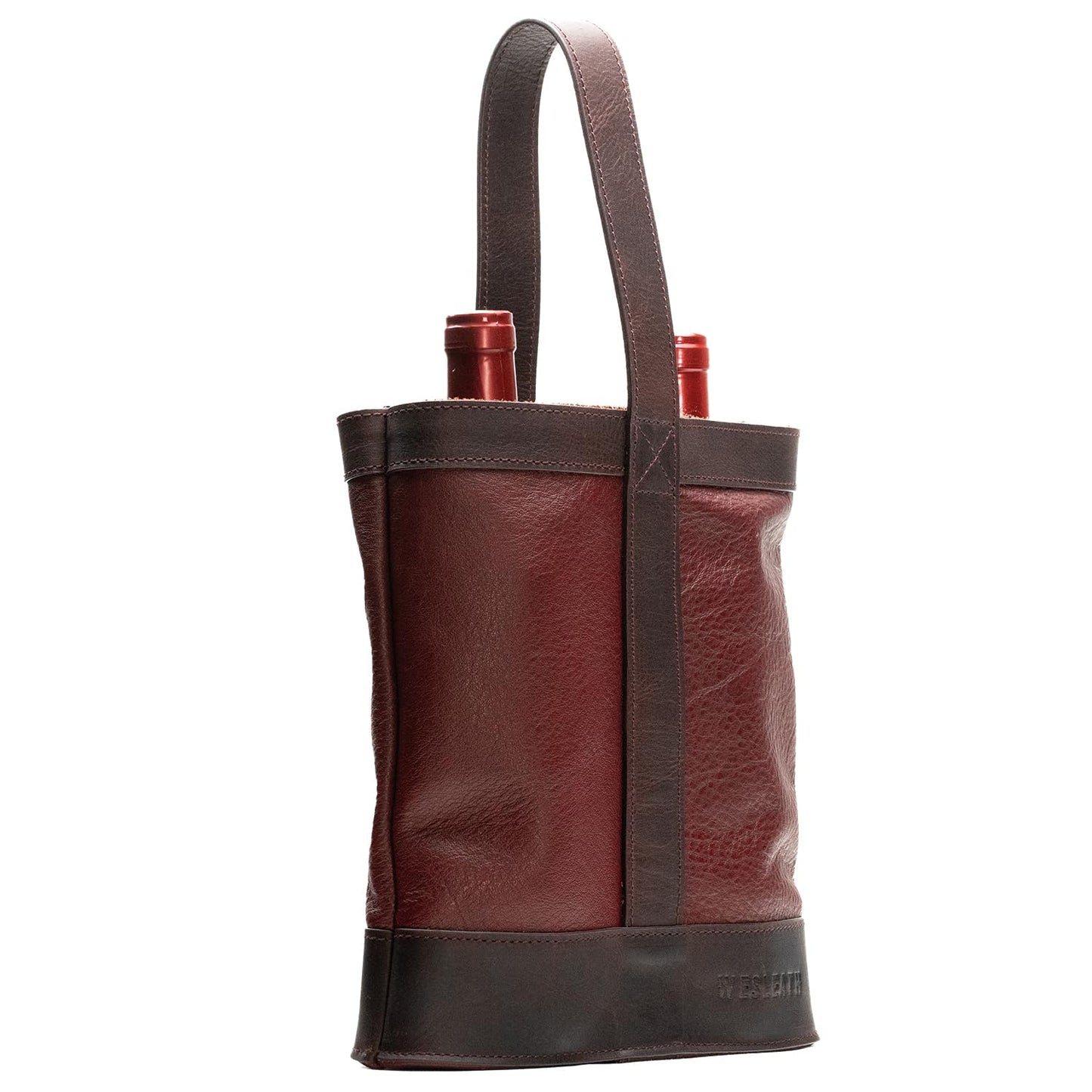 WESLEATH Double Wine Carrier Bag – Leather Wine Tote for Two Bottles with Handles & Metal Buckle – Protective Carrier for Picnic, Wine Champagne Gift Bag (Merlot)
