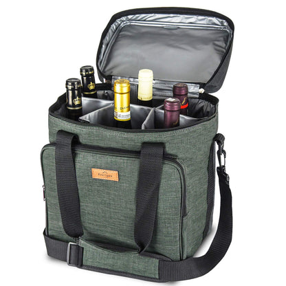Freshore® Insulated Wine Carrier 6 bottle Bag Tote Removable Padded Divider - Portable Travel Padded Cooler Carrying Canvas Case Adjustable Shoulder Strap - (Dark Green)
