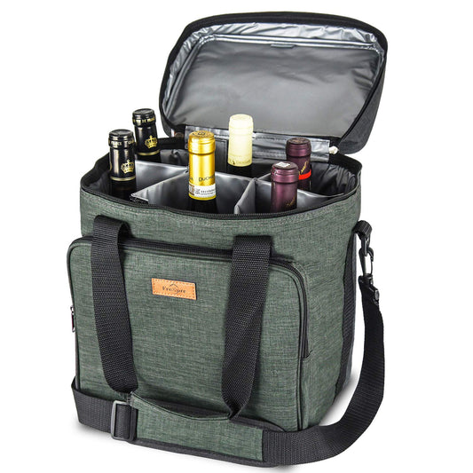 Freshore® Insulated Wine Carrier 6 bottle Bag Tote Removable Padded Divider - Portable Travel Padded Cooler Carrying Canvas Case Adjustable Shoulder Strap - (Dark Green)