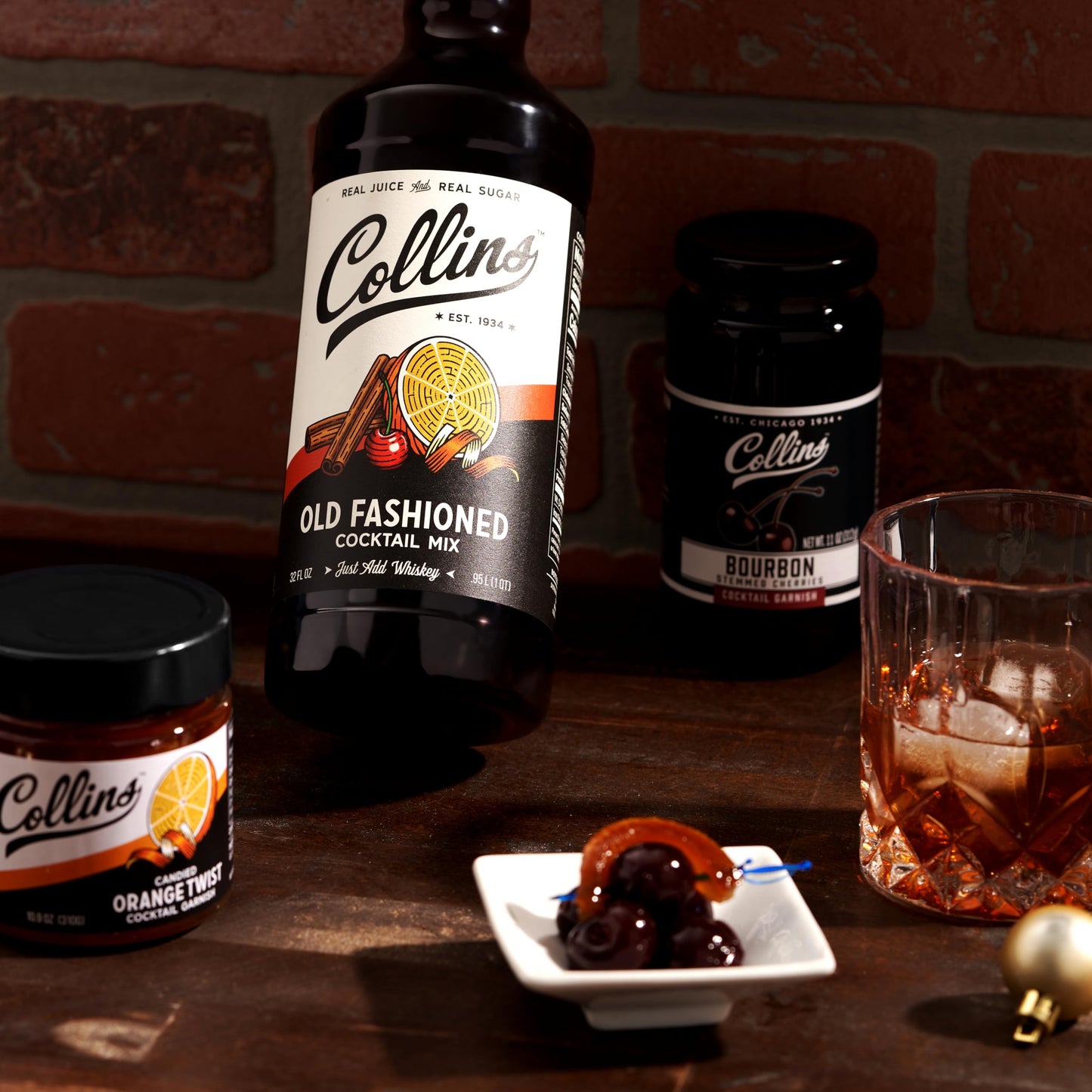 Collins Old Fashioned Kit, Whiskey Cocktail Mix, Orange Garnish, Bourbon Cherries, Drink Picks, Home Bar Accessories, Home Bar Kit, bartender Mixer, Drinking Gifts, Mixology Cocktail kit, Set of 4