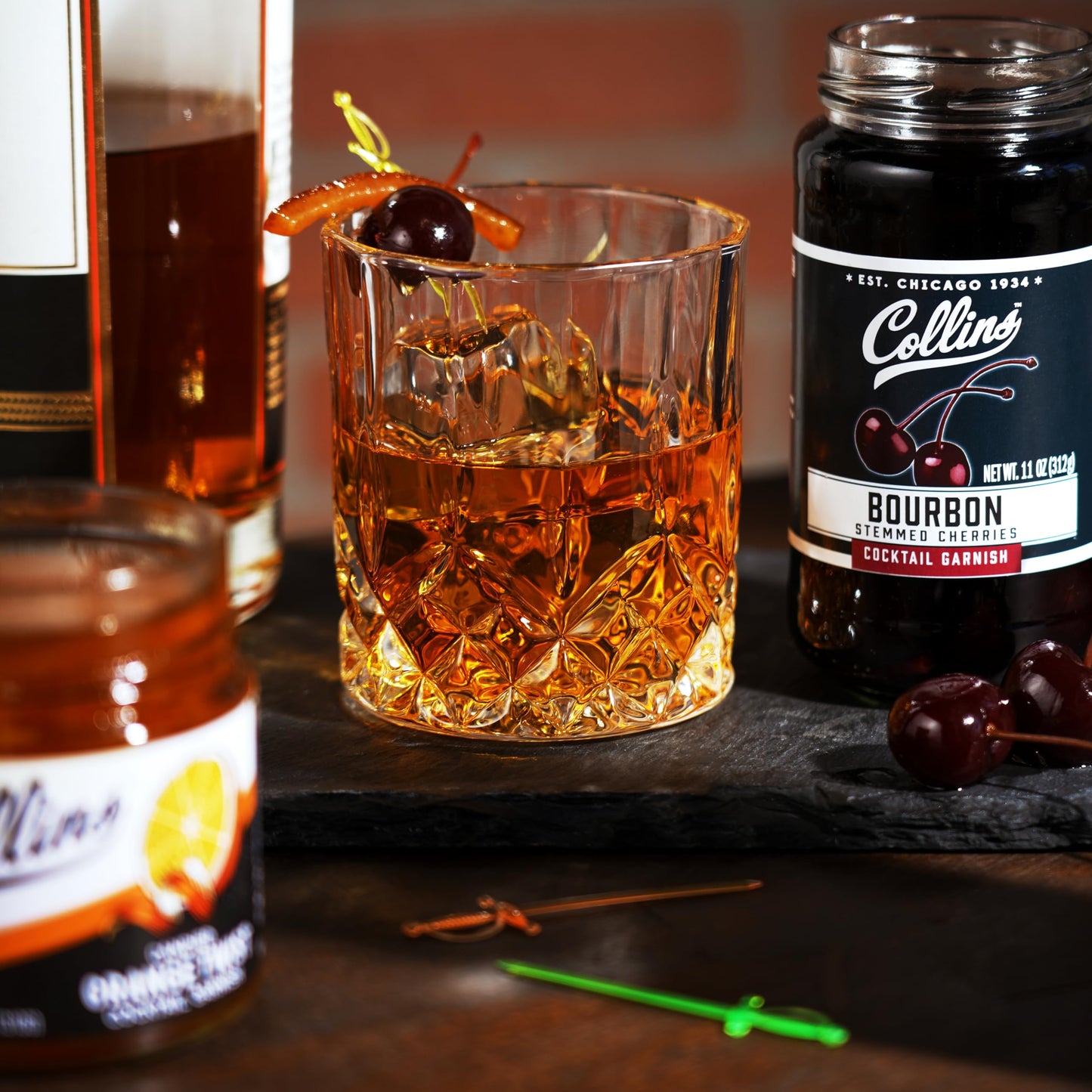 Collins Old Fashioned Kit, Whiskey Cocktail Mix, Orange Garnish, Bourbon Cherries, Drink Picks, Home Bar Accessories, Home Bar Kit, bartender Mixer, Drinking Gifts, Mixology Cocktail kit, Set of 4