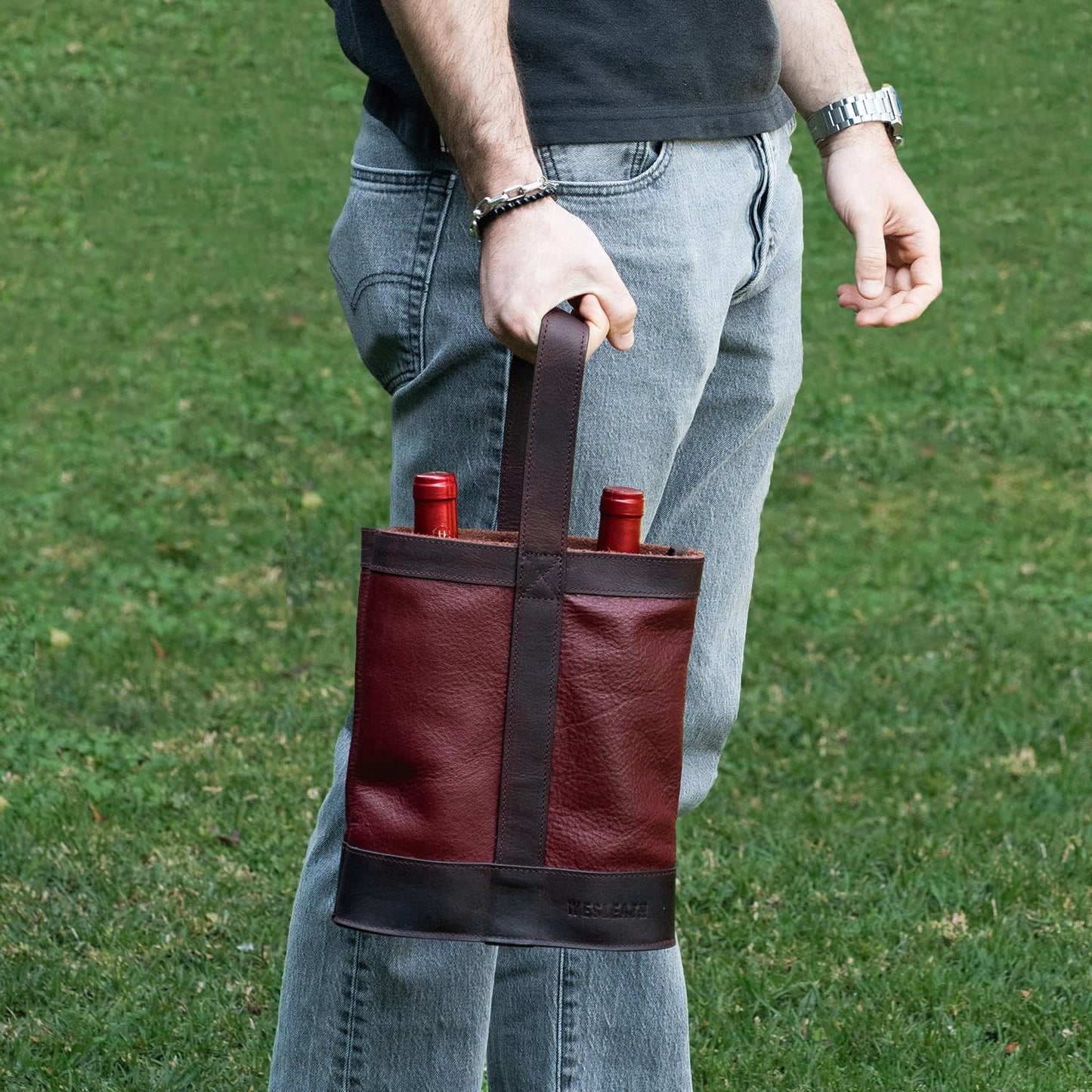 WESLEATH Double Wine Carrier Bag – Leather Wine Tote for Two Bottles with Handles & Metal Buckle – Protective Carrier for Picnic, Wine Champagne Gift Bag (Merlot)