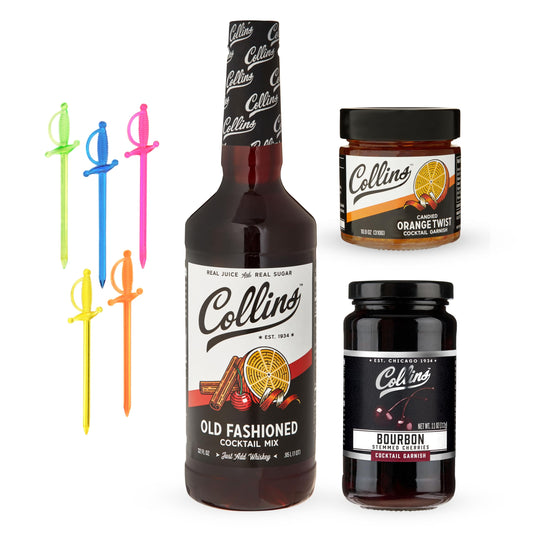 Collins Old Fashioned Kit, Whiskey Cocktail Mix, Orange Garnish, Bourbon Cherries, Drink Picks, Home Bar Accessories, Home Bar Kit, bartender Mixer, Drinking Gifts, Mixology Cocktail kit, Set of 4