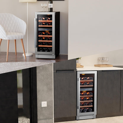 Ca'Lefort 15 Inch Wine Fridge, 28 Bottle Wine Cooler Refrigerator, 40-65°F Wine Refrigerator Glass Door, 3 LED Dual Zone Wine Fridge, Built-in or Freestanding Fridge for Home/Bar/Kitchen (3.0 cu.ft)