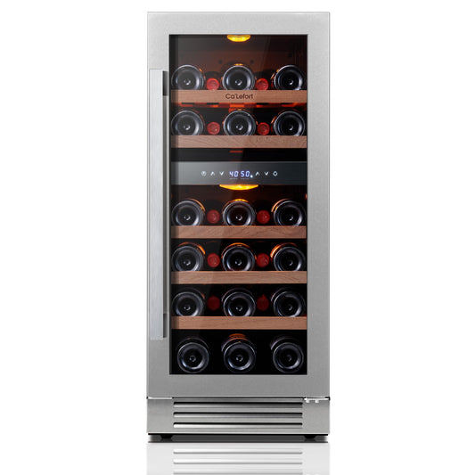 Ca'Lefort 15 Inch Wine Fridge, 28 Bottle Wine Cooler Refrigerator, 40-65°F Wine Refrigerator Glass Door, 3 LED Dual Zone Wine Fridge, Built-in or Freestanding Fridge for Home/Bar/Kitchen (3.0 cu.ft)