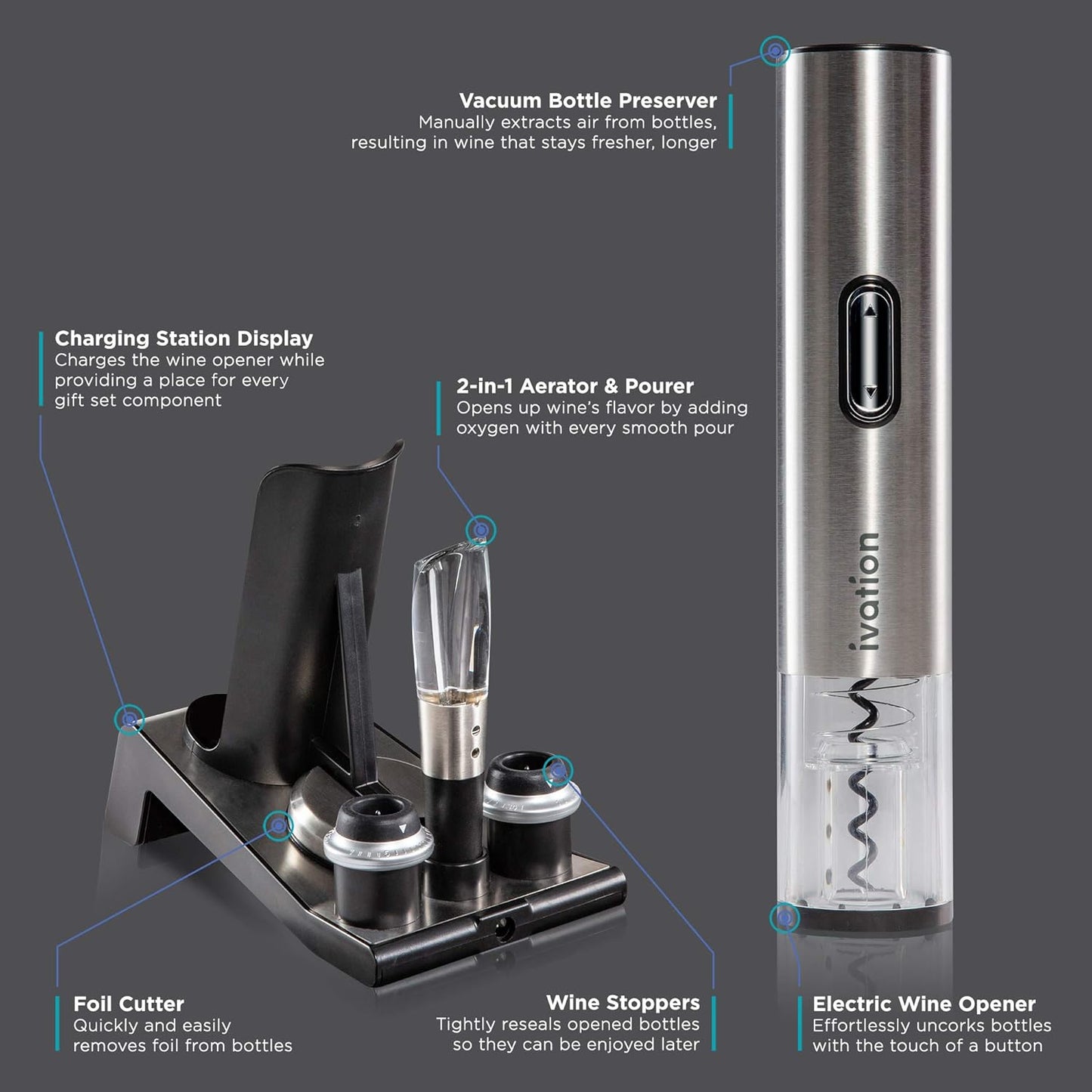 Ivation 6- Piece Electric Wine  Opener Gift Set – Stainless Steel Electric Opener, Vacuum Preserver, 2 Cork Stoppers, Foil Cutter & Charging Base