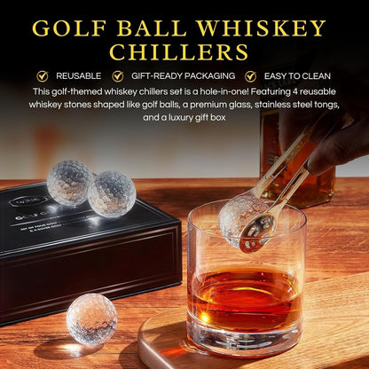 Golf Ball Whiskey Coolers - Pack of 5 - Men's Gift Set; Golfer's Whiskey Chill Stones, Reusable Cooling Balls; Includes 4 Chilling Stones - Ideal Golf-Themed Gift for Men + Metallic Tongs & Gift Box