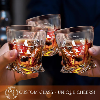 Personalized Whiskey Decanter and Glasses Set - Customized Gift for Him - Fathers Day Gift for Men, Dad, Father, Brother, Son - Engraved Twisted Whiskey Decanter, 4 XL Glasses in Wooden Gift Box