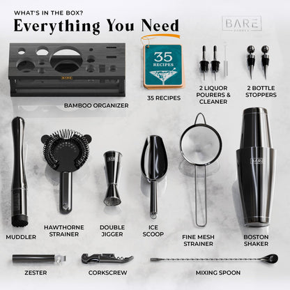 BARE BARREL® Mixology Bartender Kit Bar Set | 16-Piece Cocktail Shaker Set | Martini Barware Mixing Tools for Home Bartending | Incl. 35 Recipe Cards | Gift Set (28oz Boston Shaker, Jet Black/Black)