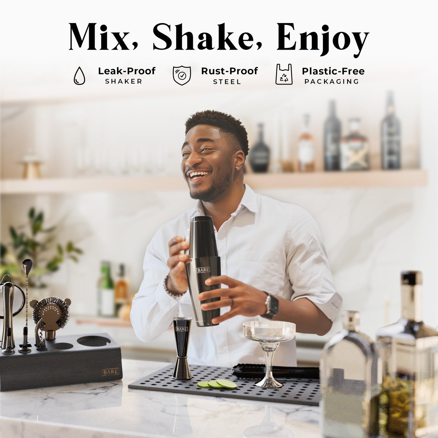 BARE BARREL® Mixology Bartender Kit Bar Set | 14-Piece Cocktail Shaker Set | Martini Barware Mixing Tools for Home Bartending | Incl. 35 Recipe Cards | Gift Set (28oz Boston Shaker, Jet Black/Black)