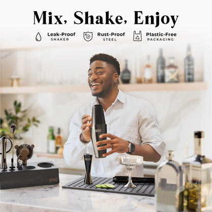 BARE BARREL® Mixology Bartender Kit Bar Set | 14-Piece Cocktail Shaker Set | Martini Barware Mixing Tools for Home Bartending | Incl. 35 Recipe Cards | Gift Set (28oz Boston Shaker, Jet Black/Black)