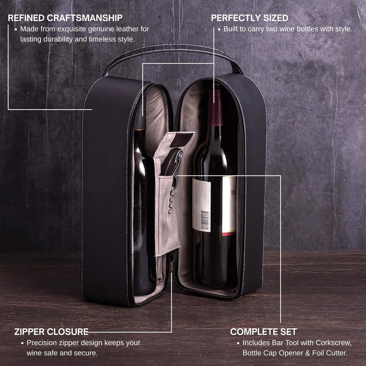 Bey-Berk Black Leather Wine Bottle Carrier – Travel Tote Bag with Tool Set, Leak-Proof & Secure Storage