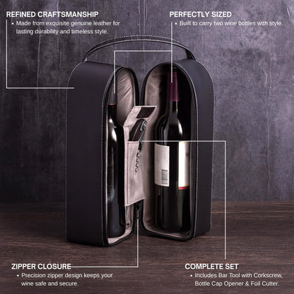 Bey-Berk Black Leather Wine Bottle Carrier – Travel Tote Bag with Tool Set, Leak-Proof & Secure Storage