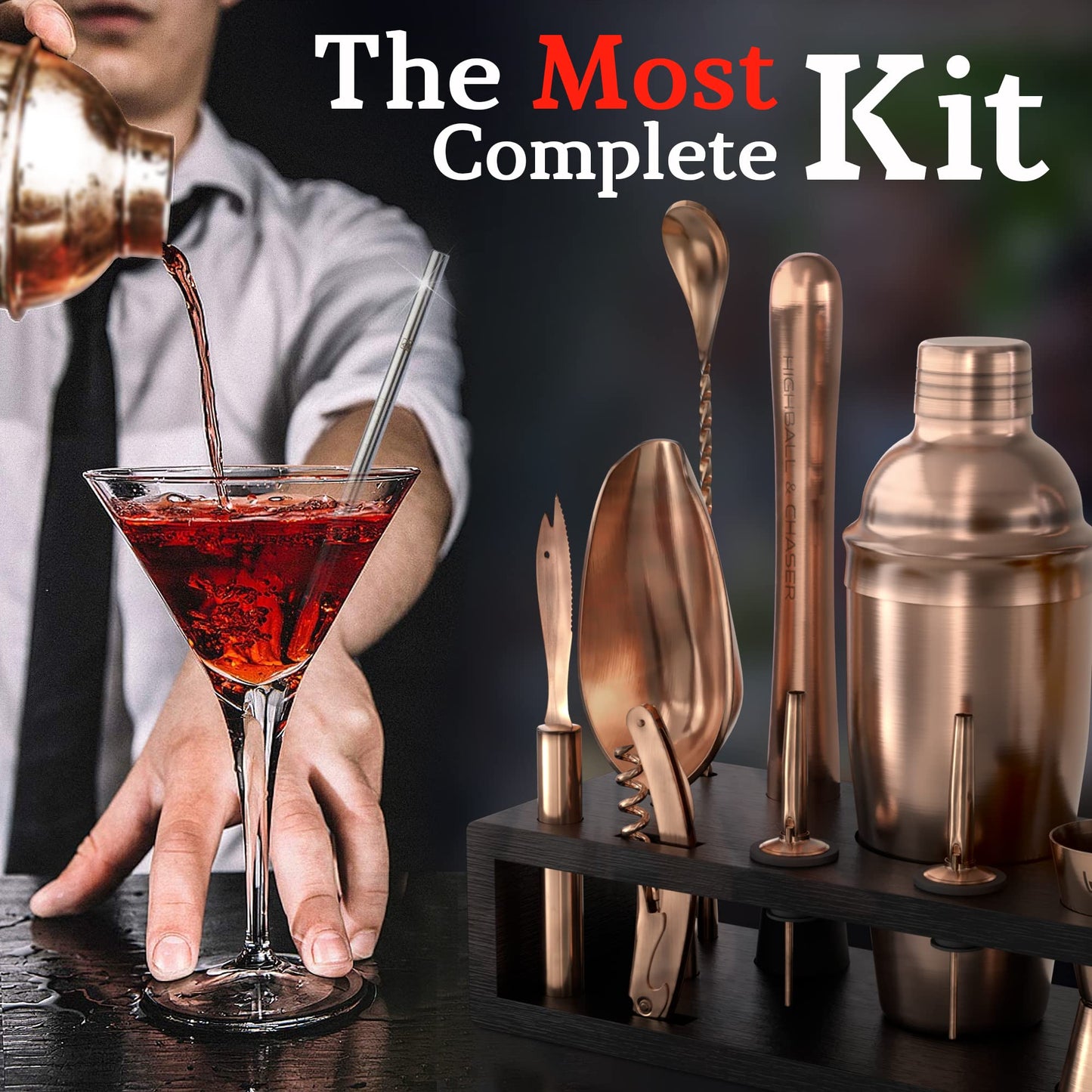 Highball & Chaser 13-Piece Cobbler Cocktail Shaker Set Matte Copper Stainless Steel Bartender Kit For Home Bar Cocktail Set Laser Engraved Cocktail Tools Plus E-Book with 30 Different Cocktail Recipes