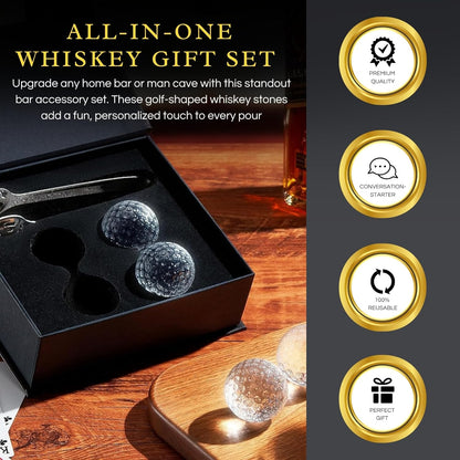 Golf Ball Whiskey Coolers - Pack of 5 - Men's Gift Set; Golfer's Whiskey Chill Stones, Reusable Cooling Balls; Includes 4 Chilling Stones - Ideal Golf-Themed Gift for Men + Metallic Tongs & Gift Box