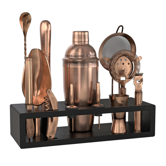 Highball & Chaser 13-Piece Cobbler Cocktail Shaker Set Matte Copper Stainless Steel Bartender Kit For Home Bar Cocktail Set Laser Engraved Cocktail Tools Plus E-Book with 30 Different Cocktail Recipes