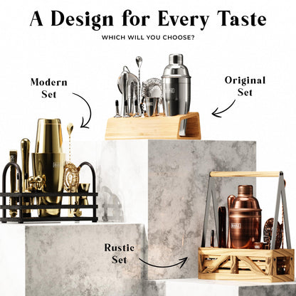 BARE BARREL® Mixology Bartender Kit Bar Set | 14-Piece Cocktail Shaker Set | Martini Barware Mixing Tools for Home Bartending | Incl. 35 Recipe Cards | Gift Set (28oz Boston Shaker, Jet Black/Black)