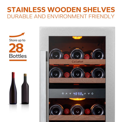 Ca'Lefort 15 Inch Wine Fridge, 28 Bottle Wine Cooler Refrigerator, 40-65°F Wine Refrigerator Glass Door, 3 LED Dual Zone Wine Fridge, Built-in or Freestanding Fridge for Home/Bar/Kitchen (3.0 cu.ft)