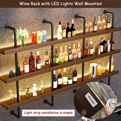 Dawselod Large Wine Rack with LED Light Solid Wood Wall Mounted Wine Rack, 3-Tiers Liquor Bottles Floating Shelves Display Storage Organizer for Home Bar & Dining Room (120cm/47.2in)