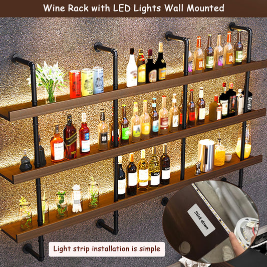Dawselod Large Wine Rack with LED Light Solid Wood Wall Mounted Wine Rack, 3-Tiers Liquor Bottles Floating Shelves Display Storage Organizer for Home Bar & Dining Room (120cm/47.2in)