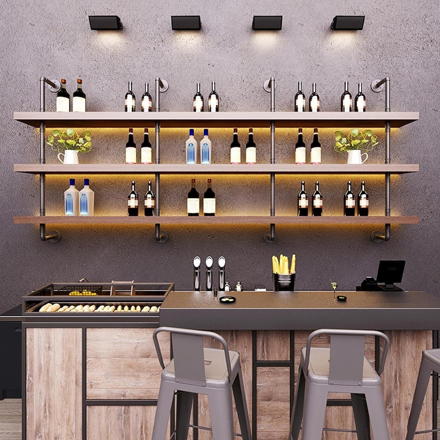 Dawselod Large Wine Rack with LED Light Solid Wood Wall Mounted Wine Rack, 3-Tiers Liquor Bottles Floating Shelves Display Storage Organizer for Home Bar & Dining Room (120cm/47.2in)