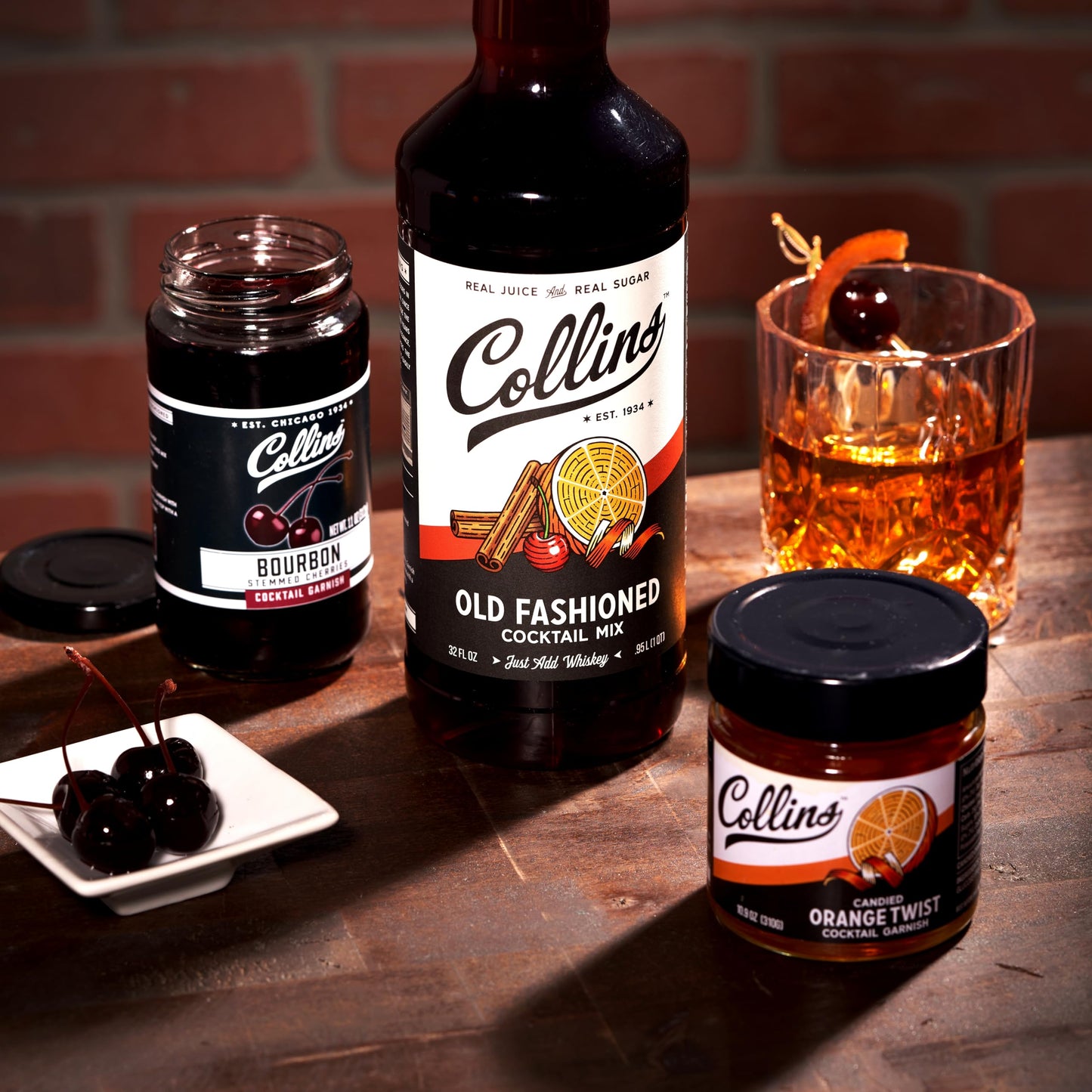 Collins Old Fashioned Kit, Whiskey Cocktail Mix, Orange Garnish, Bourbon Cherries, Drink Picks, Home Bar Accessories, Home Bar Kit, bartender Mixer, Drinking Gifts, Mixology Cocktail kit, Set of 4