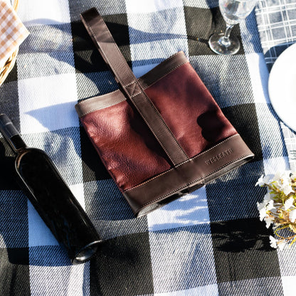 WESLEATH Double Wine Carrier Bag – Leather Wine Tote for Two Bottles with Handles & Metal Buckle – Protective Carrier for Picnic, Wine Champagne Gift Bag (Merlot)
