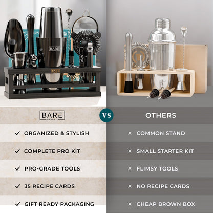 BARE BARREL® Mixology Bartender Kit Bar Set | 16-Piece Cocktail Shaker Set | Martini Barware Mixing Tools for Home Bartending | Incl. 35 Recipe Cards | Gift Set (28oz Boston Shaker, Jet Black/Black)